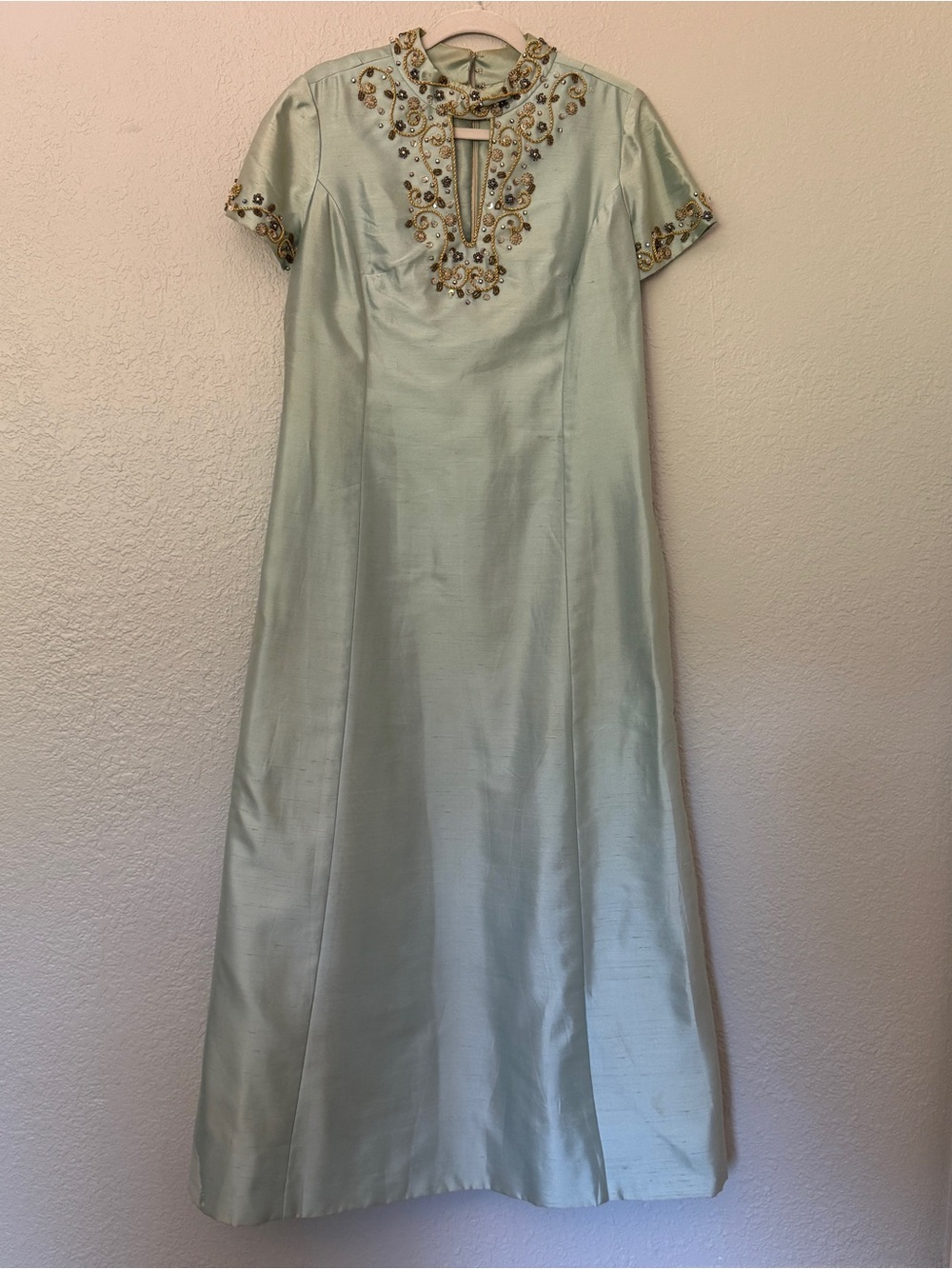 Vintage 1960s Beaded Shantung Maxi Cocktail Dress